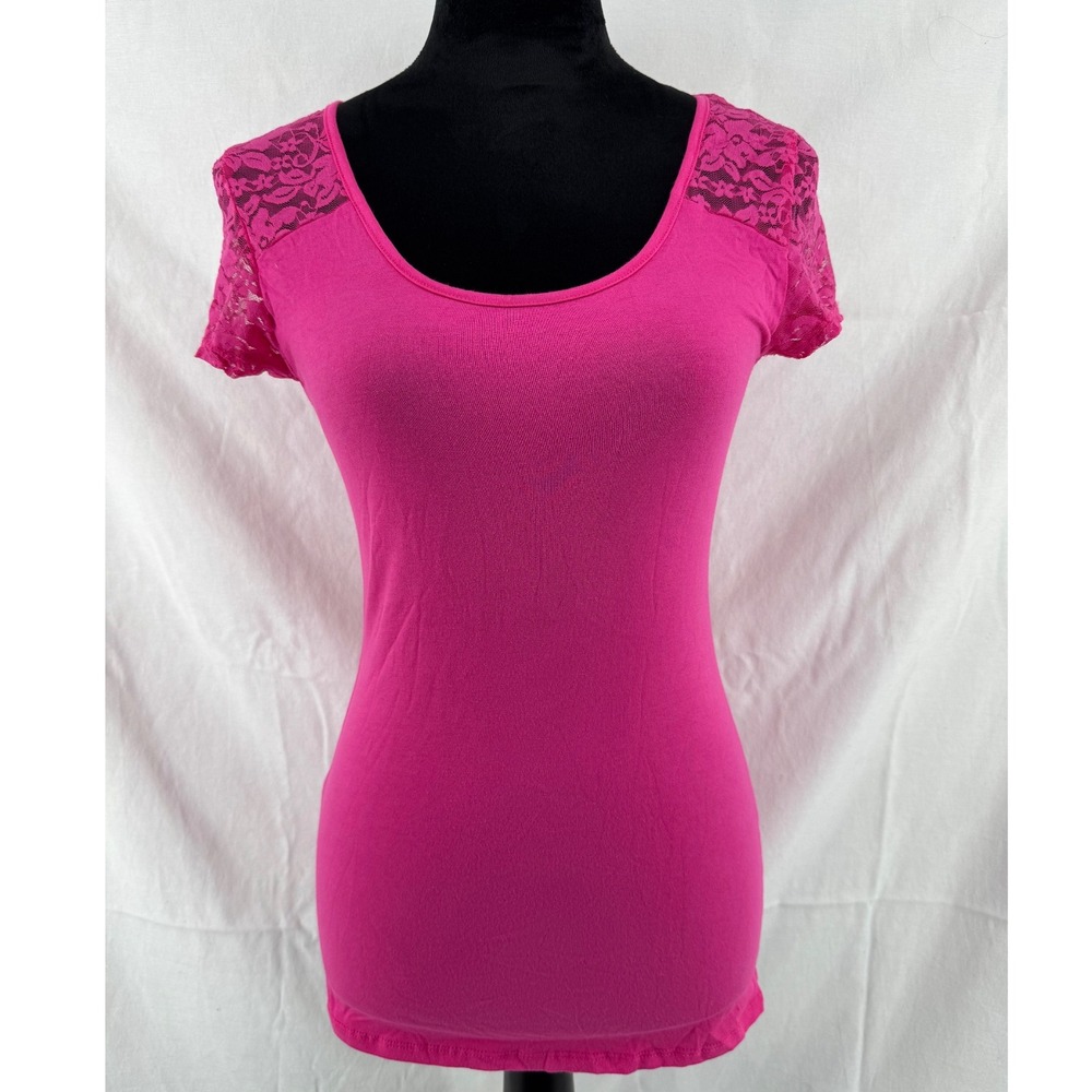 Ambiance Apparel Hot Pink Lace Shoulder Scoop Neck Top Womens Large Style 62997
